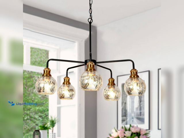 Lot 49-5541323 - Transitional Dining Room Candlestick Chandelier 5-Light Black and Brass Chandelier with Mercury Glas...