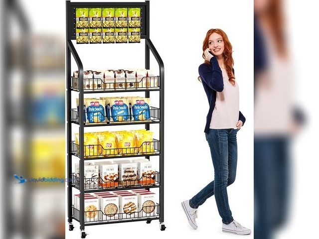 Lot 49-3466021 - 65" 5 Tier Snack Rack Display Stand with Hooks & Wheels, Metal Retail Display Shelf for Chips, Snack...