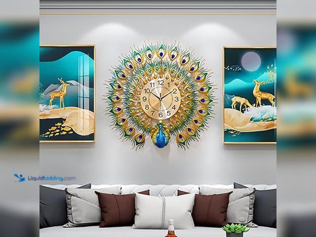 Lot 49-5475886 - EURSON Luxury Large Peacock Wall Clock 23.7 inch Non-Ticking Silent Crystal Creative Personality Mod...