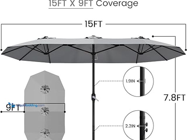 Lot 49-5483332 - 15ft Patio Umbrella with Base,Large Outdoor Double-Sided Rectangle Umbrella with Crank Handle, Marke...