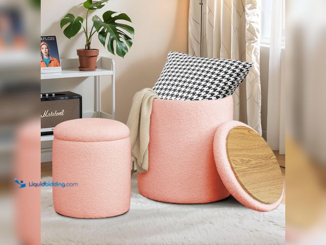 Lot 49-5410859 - Round Ottoman with Storage Set of 2, Small Vanity Stool with Storage as Vanity Chair, Sherpa Peach O...