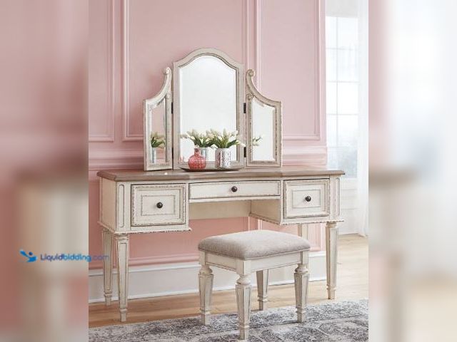 Lot 49-5460318 - Ashley Furniture Realyn Vanity Set
Item: B743-22 Item is used. (paint chips worn all over)