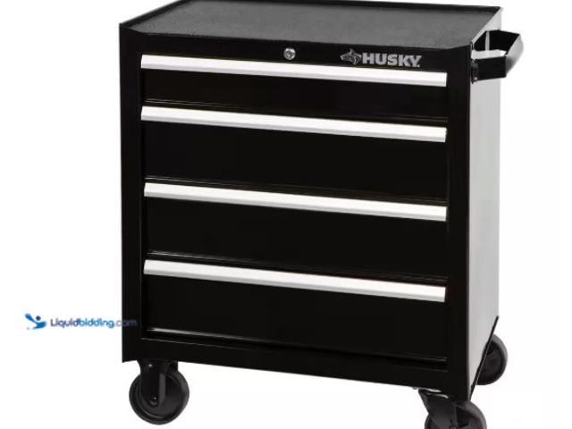 Lot 49-1520725 - Husky 26.5 in. W x 18 in. D Standard Duty 4-Drawer Rolling Tool Cabinet in Gloss Black, Model # HKST...