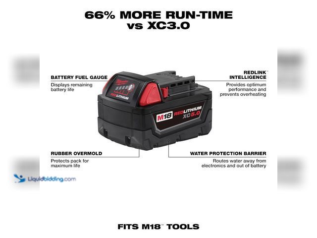 Lot 49-3566052 - Milwaukee
M18 18-Volt 5.0 Ah Lithium-Ion XC Extended Capacity Battery Pack. Model # 48-11-1850. Use...