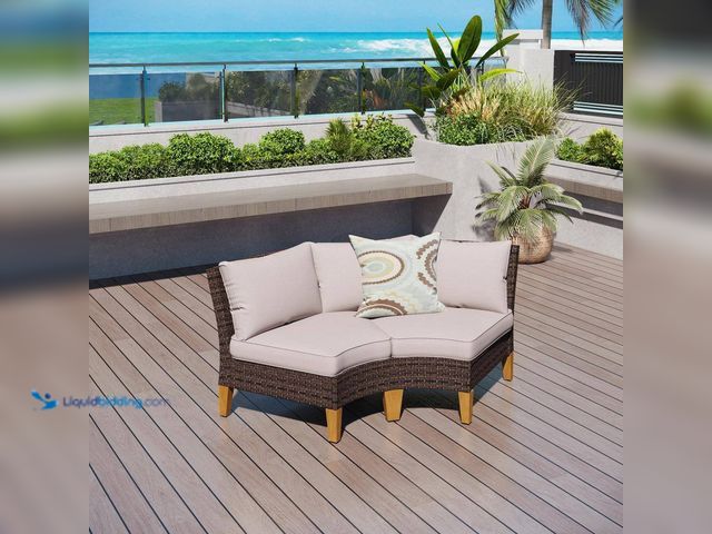 Lot 49-5409065 - Dark Brown Rattan Wicker Outdoor Patio Fan-Shaped Lounge Chairs with Beige Cushions (2-Pack) Unused