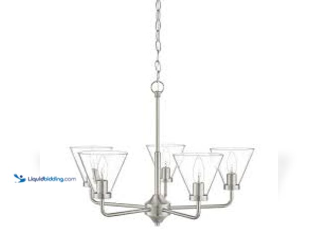 Lot 49-5461379 - Hampton Bay Myles 5-Light Reversible Chandelier Brushed Nickel Finish Clear Glass Shades. Model # LQ...