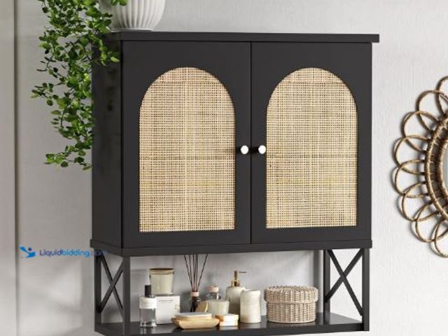 Lot 49-5436318 - Rattan Bathroom Wall Cabinet, Boho Medicine Wall Cabinet with Double Doors and Adjustable Shelves, T...