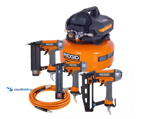 Lot 49-1566846 - RIDGID 6 Gal. 150 PSI Electric Air Compressor with 25 ft. Hose, 18GA Brad Nailer, 16GA Finish Nailer...