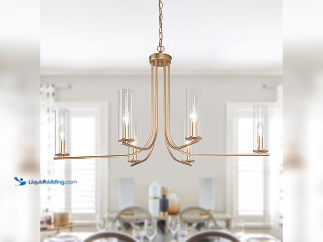 Lot 49-3519938 - LNC Modern Gold Chandelier, 6-Light Dining & Living Room Candle Chandelier with Glass Shade, 36" Lar...