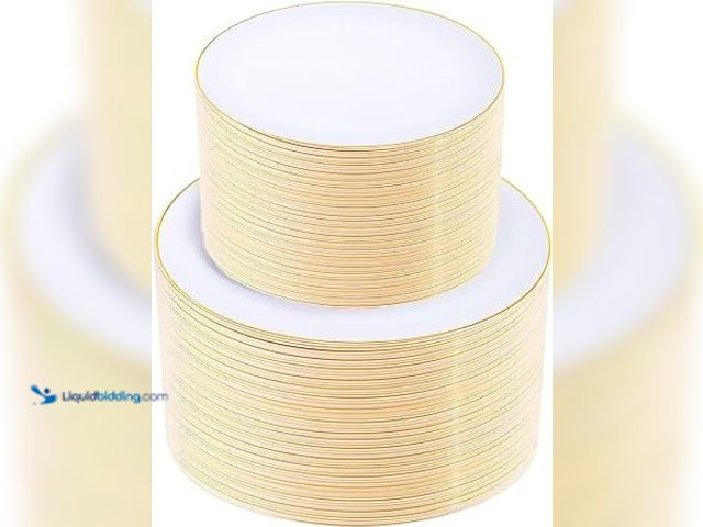 Lot 49-2025633 - KIRE 200PCS Gold Plastic Plates - Disposable Plates for Party - White Plastic Plates with Gold Rim, ...