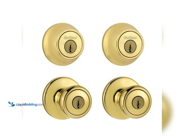 Lot 49-3529115 - Kwikset
Tylo Polished Brass Exterior Entry Door Knob and Single Cylinder Deadbolt Project Pack Comb...