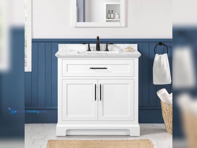 Lot 49-5414712 - Doveton 36 in. Single Sink Freestanding White Bath Vanity with White Engineered Marble Top Model # D...