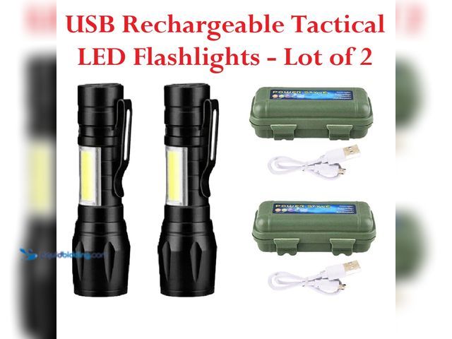 Lot 49-1616215 - Lot of 2 USB Rechargeable Tactical LED Flashlights 3 Light Modes Zoomable - NEW - LED flashlights re...