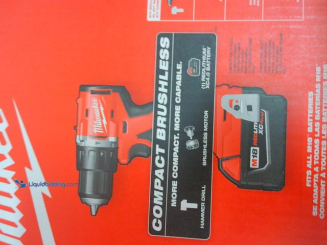 Lot 49-1629220 - Milwaukee M18 18V Lithium-Ion Brushless Cordless 1/2 in. Compact Hammer Drill/Driver Kit, Model # 36...