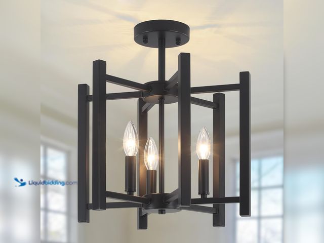 Lot 49-5437365 - 14.6'' Black Farmhouse Semi Flush Mount Ceiling Light Fixture, 3-Light Modern Ceiling Light Fixtures...