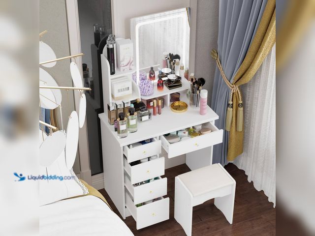 Lot 49-5487422 - FUFU&GAGA
5-Drawers White Makeup Vanity Sets Dressing Table Sets With Stool, Mirror, LED Light and ...