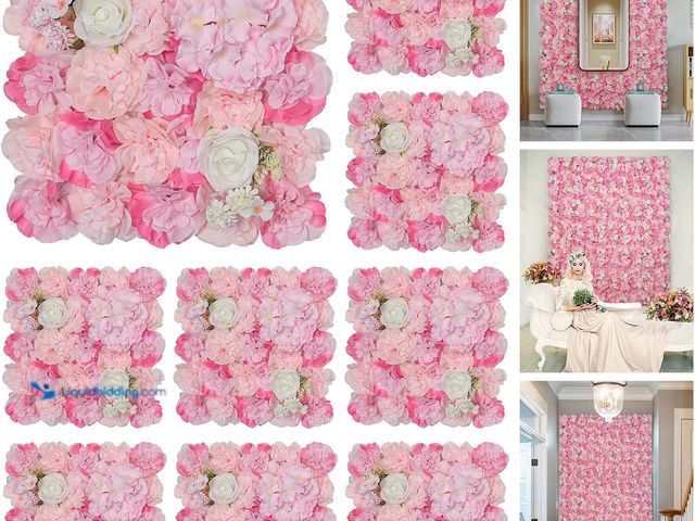 Lot 49-5408592 - Flower Wall Backdrop 9pcs 16.5x16.5 Inch Flower Wall Decor Artificial Floral Wall Panel Ideal for We...