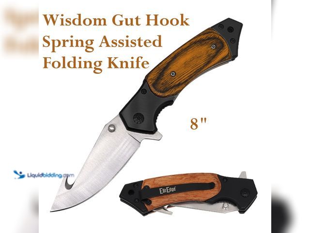 Lot 49-1616238 - ElitEdge Wisdom Spring Assisted Folding Knife 8" with Gut Hook and Wood Handle - NEW - The Wisdom Gu...