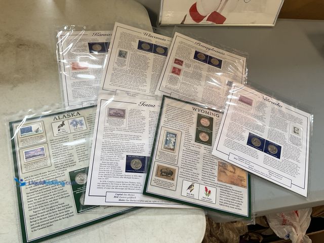 Lot 49-1505566 - 5 STATEHOOD QUARTER AND STAMP SETS INCLUDING ALASKA, IOWA, WYOMING, NEBRASKA, KANSAS, WISCONSIN AND ...
