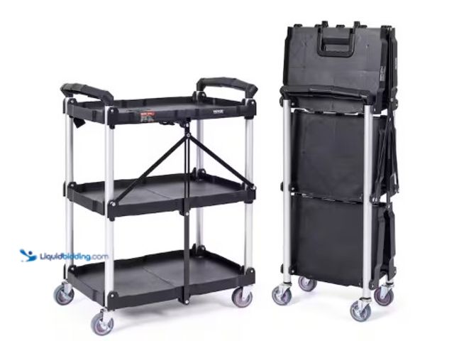 Lot 49-2004159 - VEVOR 3-Shelf Foldable Utility Service Cart 165 lbs. Capacity Heavy Duty Plastic Rolling Cart in Bla...