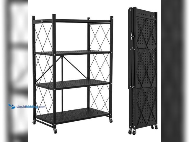 Lot 49-5436818 - 4-Tier Foldable Storage Shelf with Wheels - Metal Rack Collapsible Shelving Unit Display, Rolling Ca...