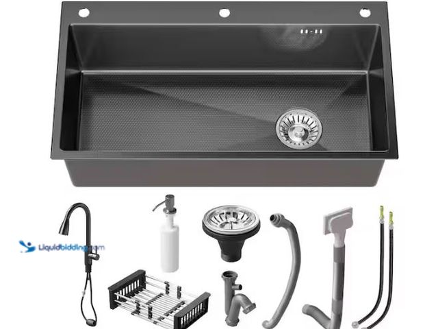Lot 49-3610642 - QATSPACE DESIGNS INC. 32 in. Drop-in/Undermount Single Bowl 16-Gauge Black Stainless Steel Kitchen S...