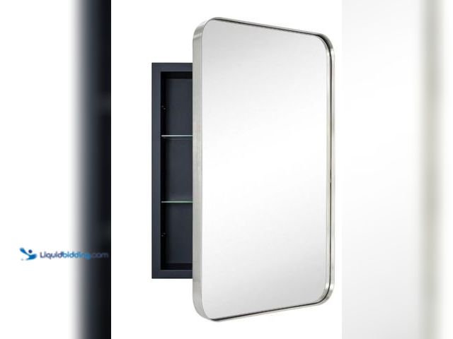 Lot 49-1549443 - Brushed Nickel Rectangle Recessed Bathroom Medicine Cabinet with Mirror Stainless Steel Metal Framed...