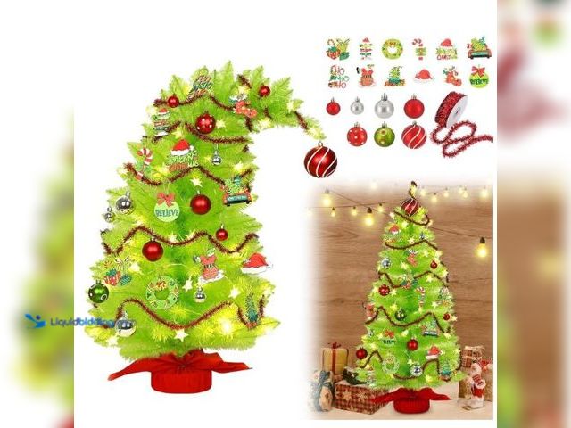 Lot 49-3473740 - 3.4Ft Whimsical Christmas Tree, Lime Green Christmas Tree with Star Lights & Ornaments, Artificial T...