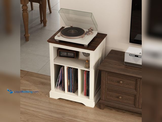 Lot 49-5543158 - Farmhouse Record Player Stand, 3 Tier End Table, Turntable Stand with Vinyl Record Storage, Wood Rec...