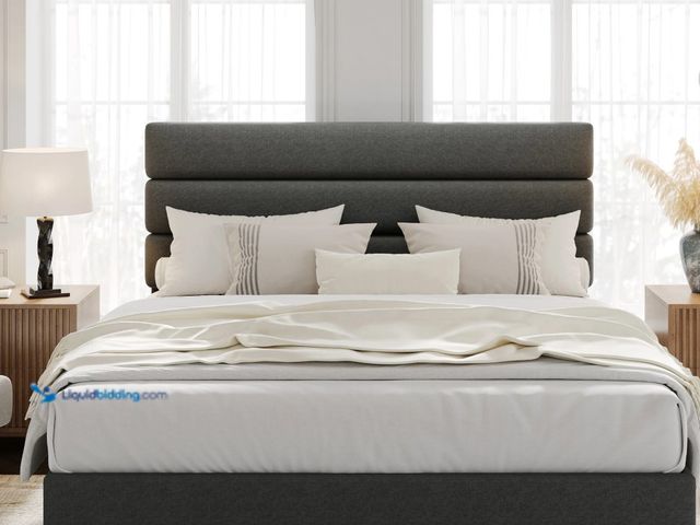 Lot 49-3531233 - Garvee Full Size Bed Frame with Adjustable Headboard, Fabric Upholstered and Wooden Slats Support Pl...