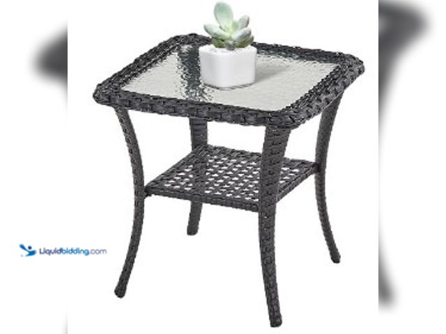 Lot 49-3631549 - Handwoven Wicker Side Table - 20 Inch Small Outdoor Table 2 Tier Storage with Tempered Glass Top, Al...