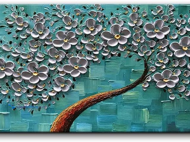Lot 49-3531812 - YaSheng Art - 24x60inch Large Wall Art Flowers Oil Painting On Canvas Texture Palette Knife 3D Silve...
