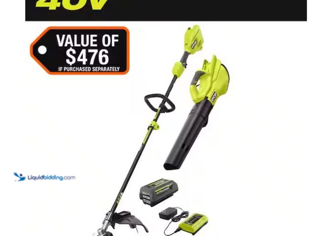 Lot 49-5555281 - RYOBI
40V Cordless Attachment Capable 15" String Trimmer & 550 CFM 120 MPH Blower Combo Kit, Used w...