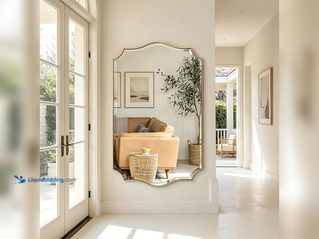 Lot 49-1631924 - POZINO 48"x30" Large Brushed Gold Scalloped Beveled Mirror for Wall | Stainless Steel Frame HD Mirro...
