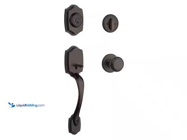 Lot 49-1547569 - Kwikset Belleview and Cove Venetian Bronze Entry Door Knob Handle set and Single Cylinder Deadbolt f...