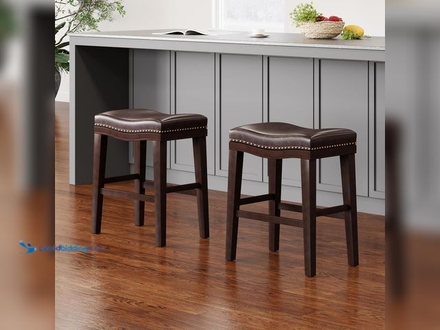 Lot 49-3531055 - 26 Inch Counter Stools Set of 2: Modern Upholstered Saddle Stool with Nailhead Trim & Footrest - Rub...