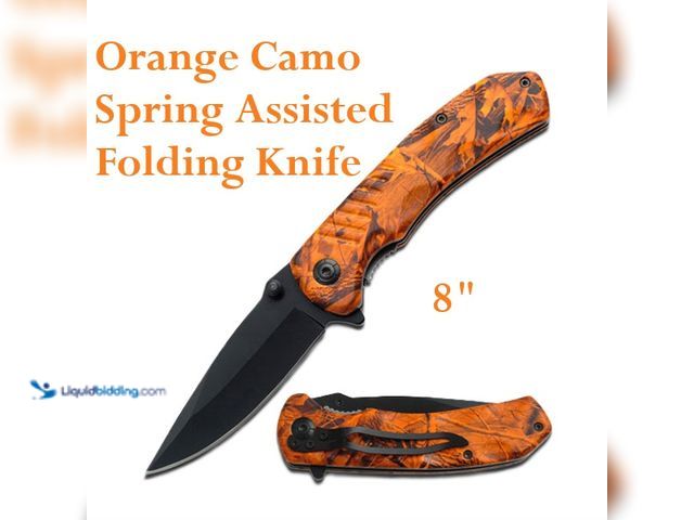 Lot 49-1616315 - Orange Camo Spring Assisted Folding Knife 8" with Black Drop Point Blade - NEW - Liner lock assisted...
