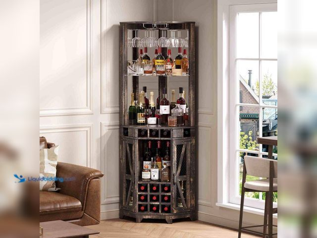 Lot 49-5509938 - Polibi Walnut 19.70 in. W x 72 in. Corner Bar Cabinets with Barn Door, Acrylic Mirror and Glass Rack...