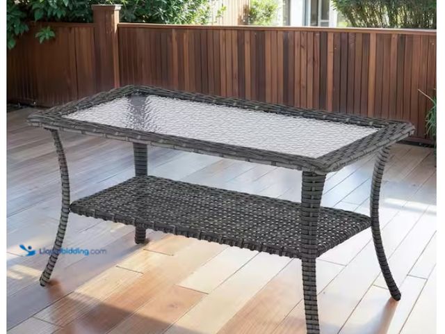 Lot 49-3613816 - MoonLuxe Gray Rectangle Wicker Outdoor Side Table with Tempered Glass Top and Storage Space, Model #...