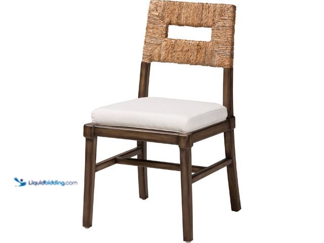 Lot 49-3527386 - Baxton Studio Porsha Dining Chair in Mahogany, Rattan & White Fabric Unused