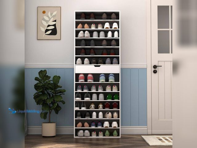 Lot 49-5414559 - 78 in. H x 27.5 in. W White Wood Shoe Storage Cabinet with 13 Shelves, Drawer. Unused
