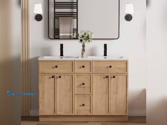 Lot 49-2022903 - Eclife 48 in. W x 18.1 in. D Double Sink Freestanding Oak Bath Vanity with White Integrated Composit...