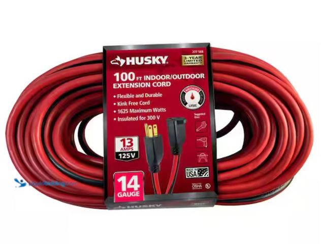 Lot 49-3614016 - Husky 100 ft. 14/3 Medium Duty Indoor/Outdoor Extension Cord, Red/Black, Model # 63100HY, Slightly u...