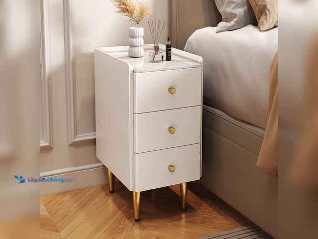 Lot 49-5545083 - IUNVR Narrow White Nightstand with Drawers, 11.8" Small Bedside Table for Small Spaces, Solid Wood W...