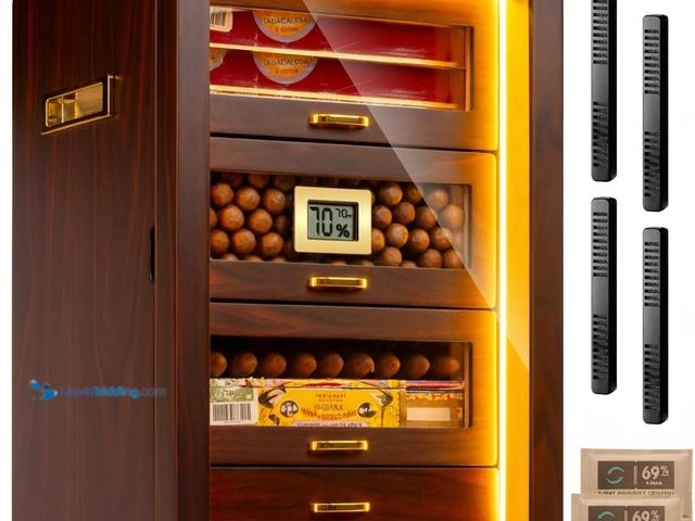 Lot 49-3528293 - Desktop Cigar Humidor Cabinet Triple-Sided Light with Digital Hygrometer, Humidifier and Humidity Pa...