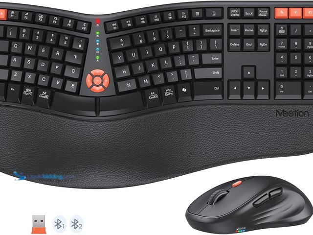 Lot 49-5437745 - MEETION Ergonomic Keyboard and Mouse, 2.4G Wireless/Bluetooth Split Keyboard with Cushioned Palm Res...