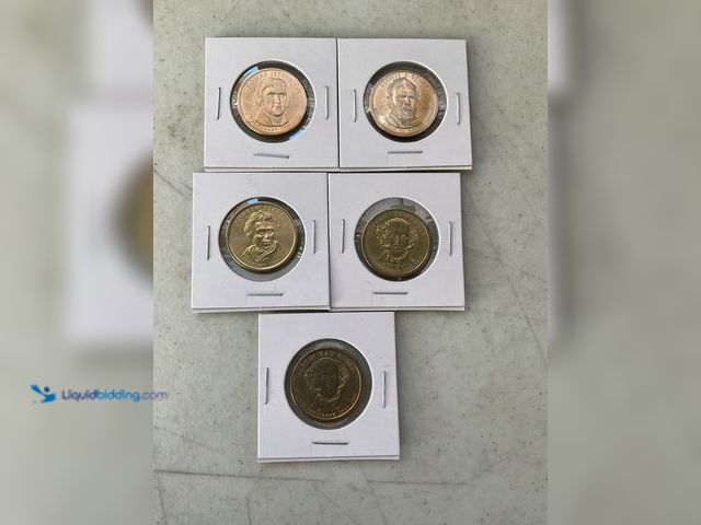 Lot 49-1505738 - LOT OF 5 PRESIDENTIAL GOLD (IN COLOR) ONE DOLLAR COINS INCLUDING JEFFERSON, GRANT, JACKSON, AND  VAN...