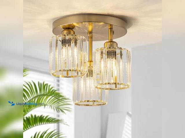 Lot 49-5572396 - TinHon 10 in. 3-Light Modern Gold Flush Mount Ceiling Light with Staggered Crystal Drum Shades for B...