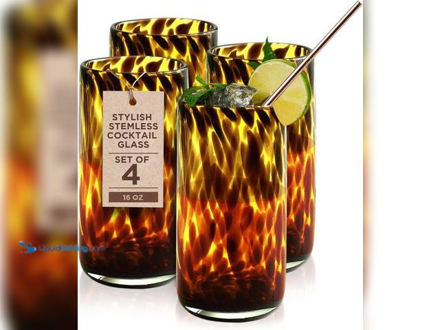 Lot 49-5437280 - IMPULSE! Tortoise Leopard Print Brown 16 oz. Highball Rocks Glasses, Set of 4 - Stylish Stemless Coc...