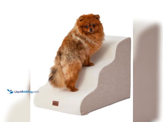 Lot 49-3473763 - Beige Curved Dog Stairs Ramp for Small Dogs & Cats 17" H, 3-Step Dog Steps for Couch Sofa and Chair,...